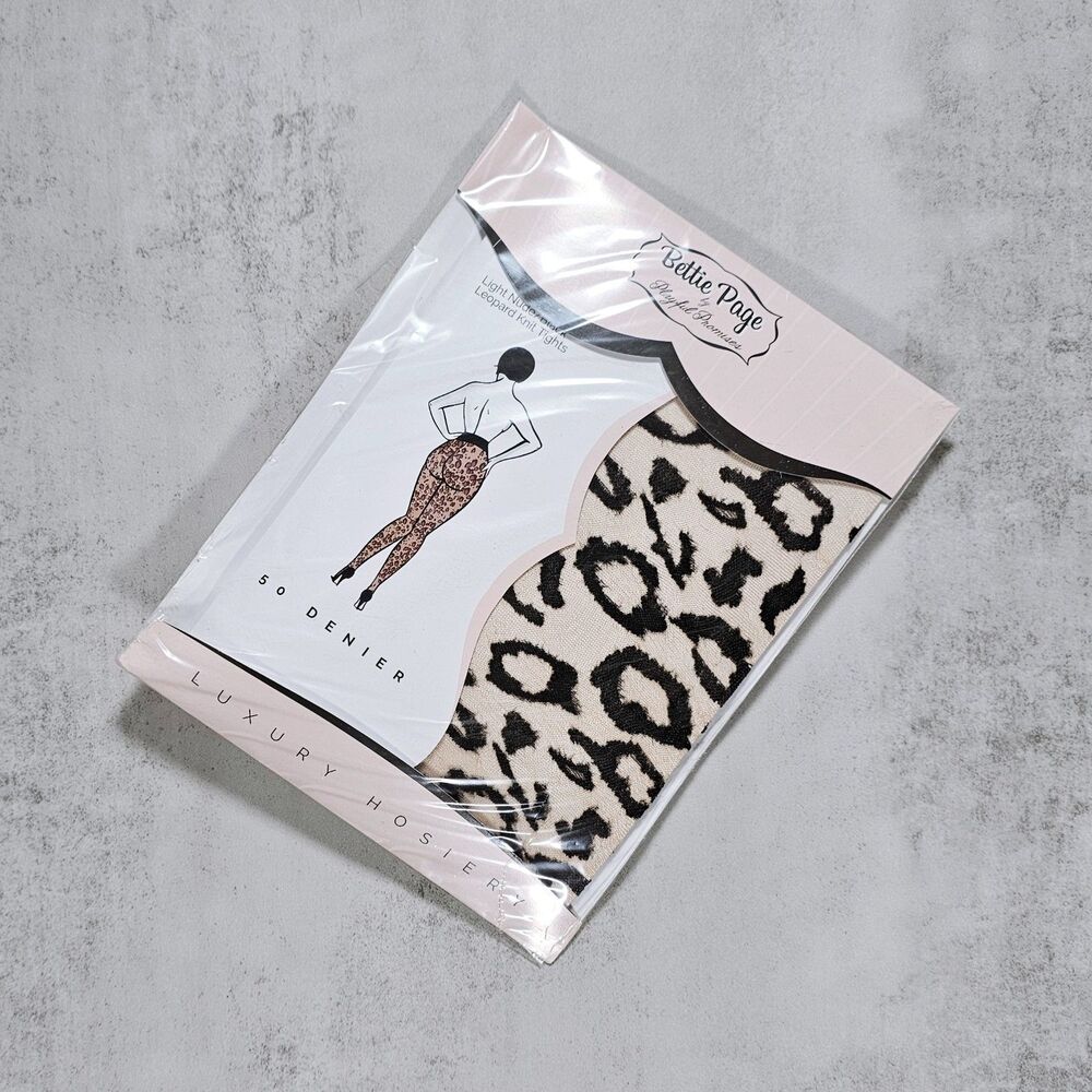 Playful Promises X Bettie Page Knit Tights with Leopard Print, Nude/Black, M